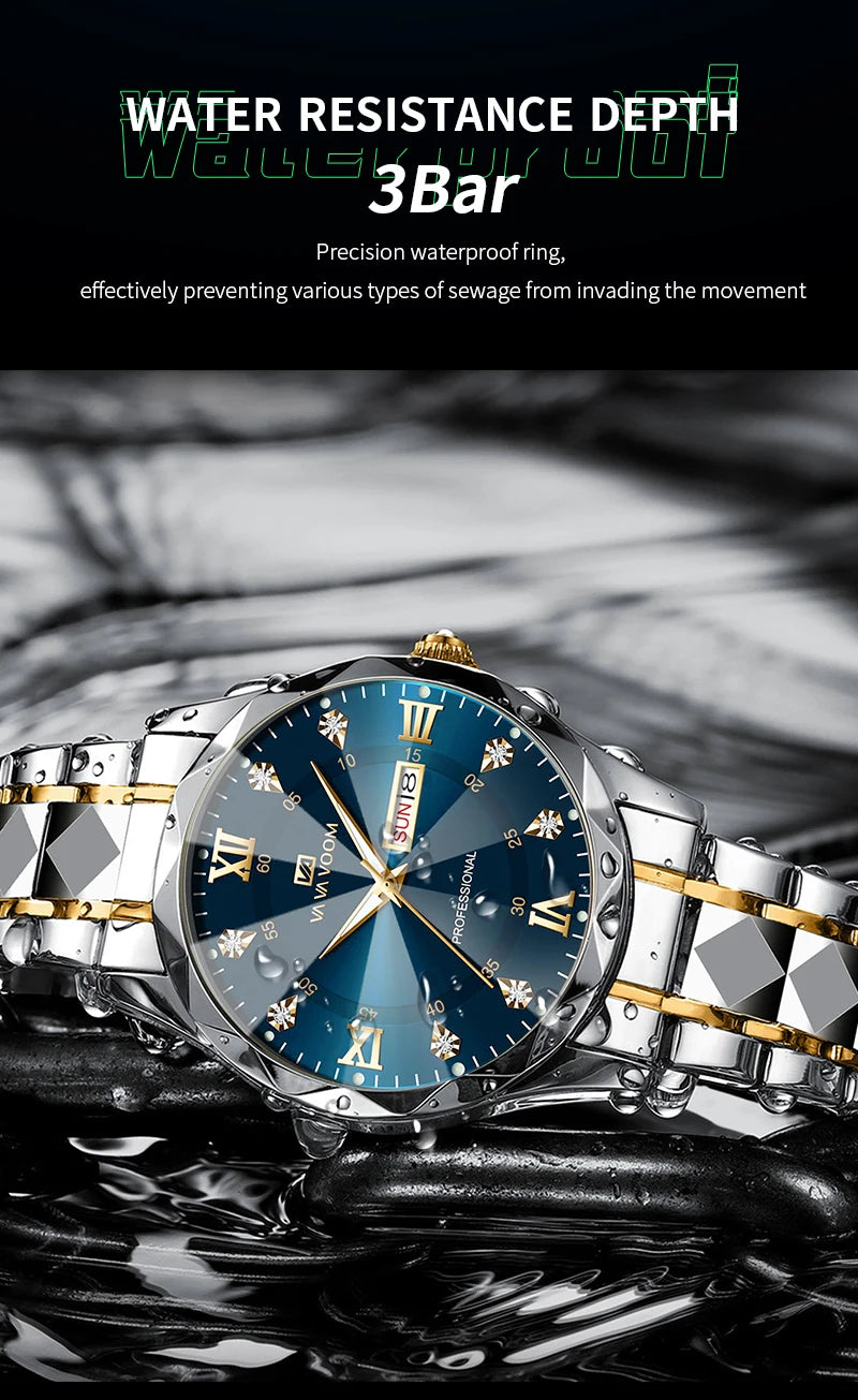 Men Watch Water Diamond Luxury Night Glow Double Calendar Quartz