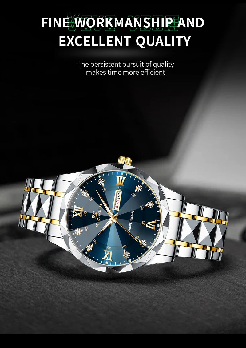 Men Watch Water Diamond Luxury Night Glow Double Calendar Quartz