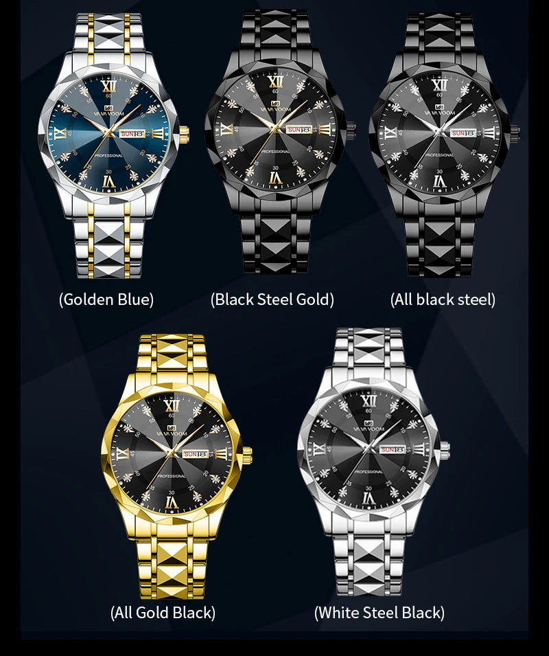 Men Watch Water Diamond Luxury Night Glow Double Calendar Quartz