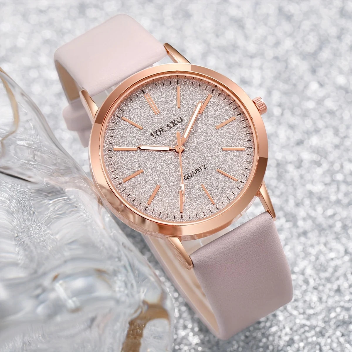 2PCS/Set Women's Watch Shiny Fashion PU Leather Analog Quartz Watches Rose Flower Bracelet