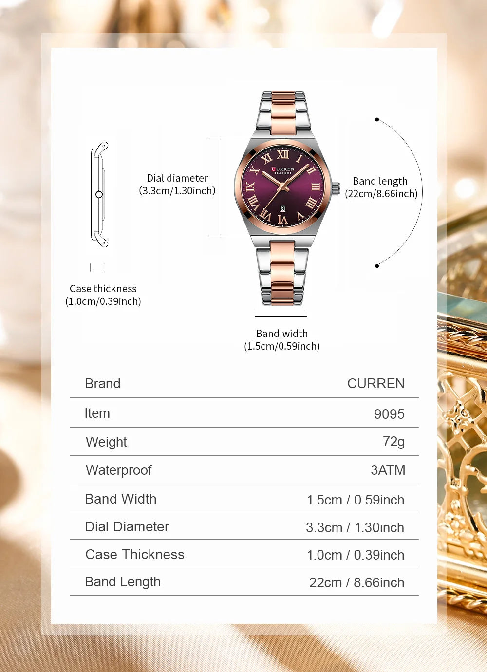 CURREN 9095 Luxury Fashion Watch for Women Original Quartz Women's Watches Waterproof Stainless Steel Elegant Ladies Wristwatch
