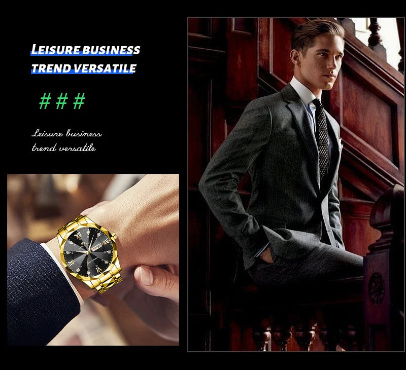 Men Watch Water Diamond Luxury Night Glow Double Calendar Quartz