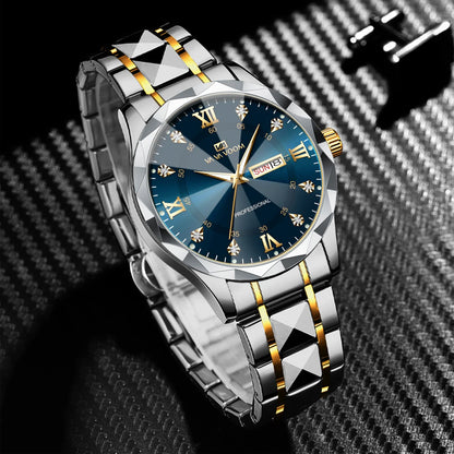 Men Watch Water Diamond Luxury Night Glow Double Calendar Quartz