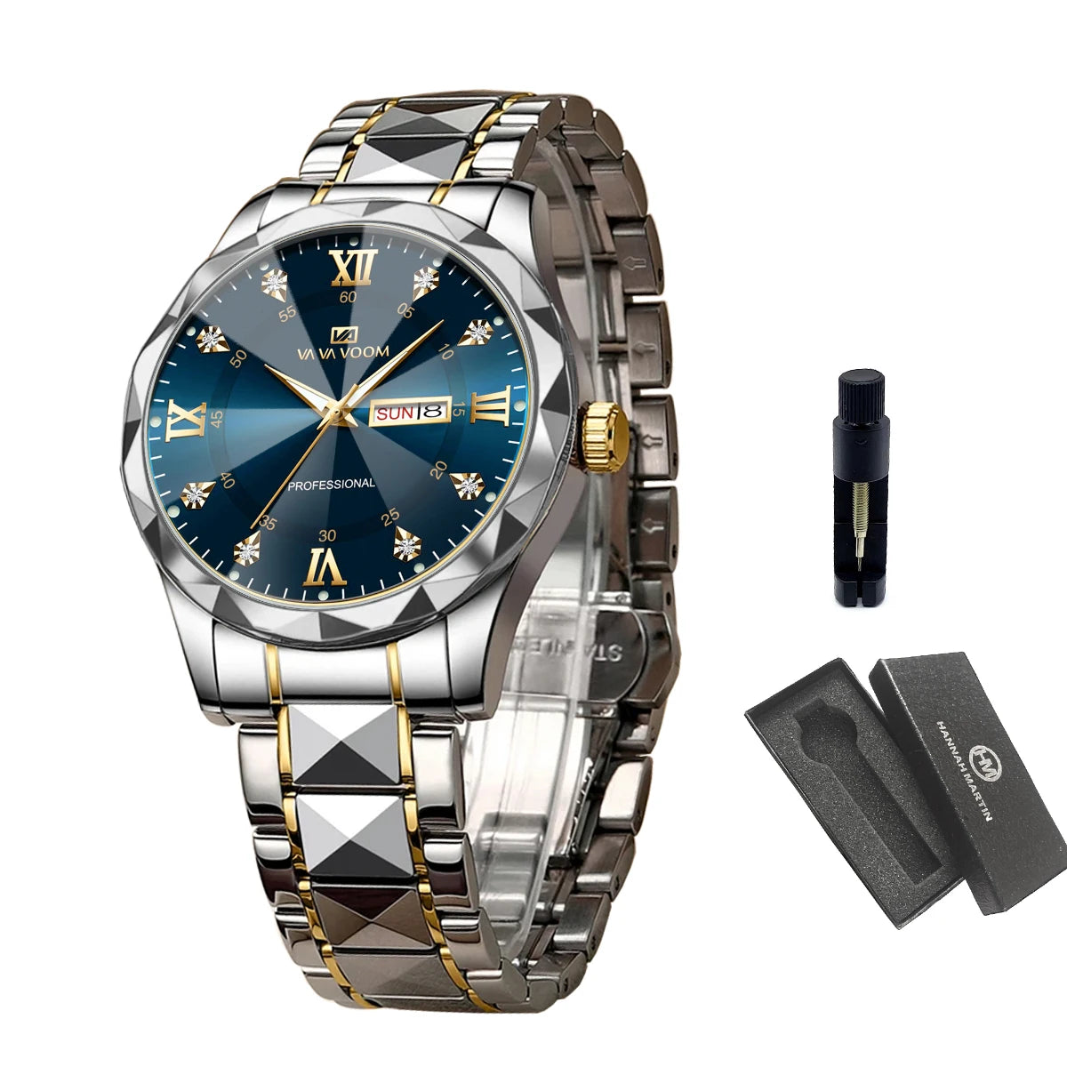 Men Watch Water Diamond Luxury Night Glow Double Calendar Quartz