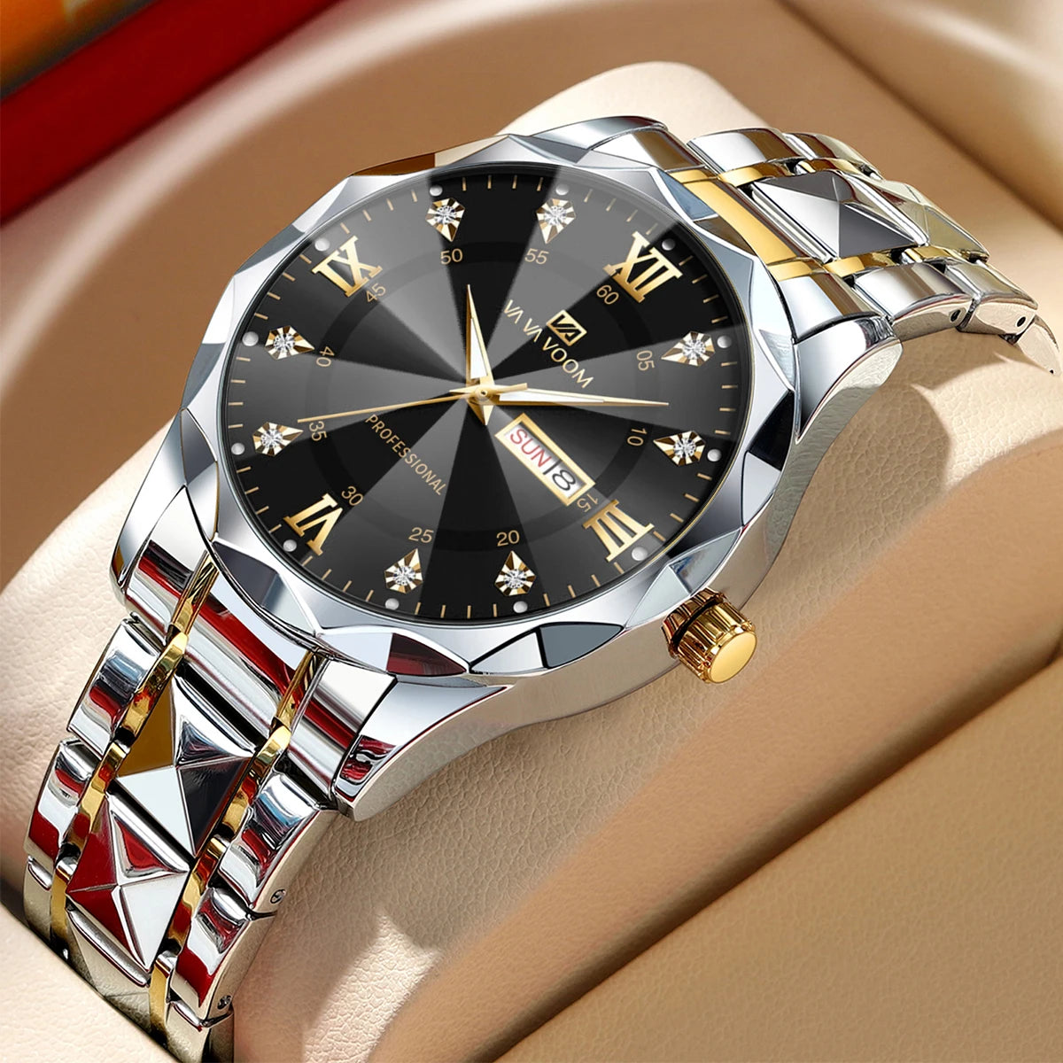 Men Watch Water Diamond Luxury Night Glow Double Calendar Quartz