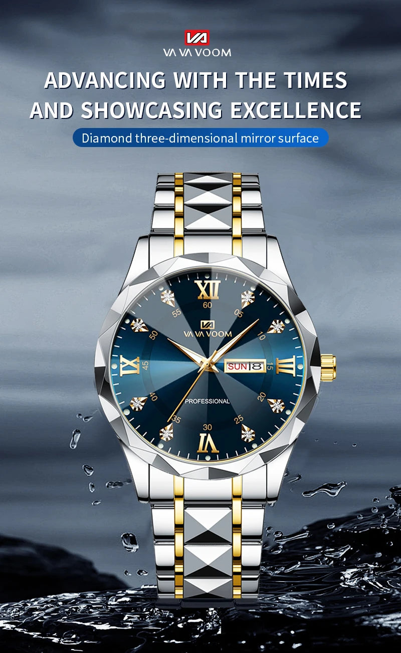 Men Watch Water Diamond Luxury Night Glow Double Calendar Quartz