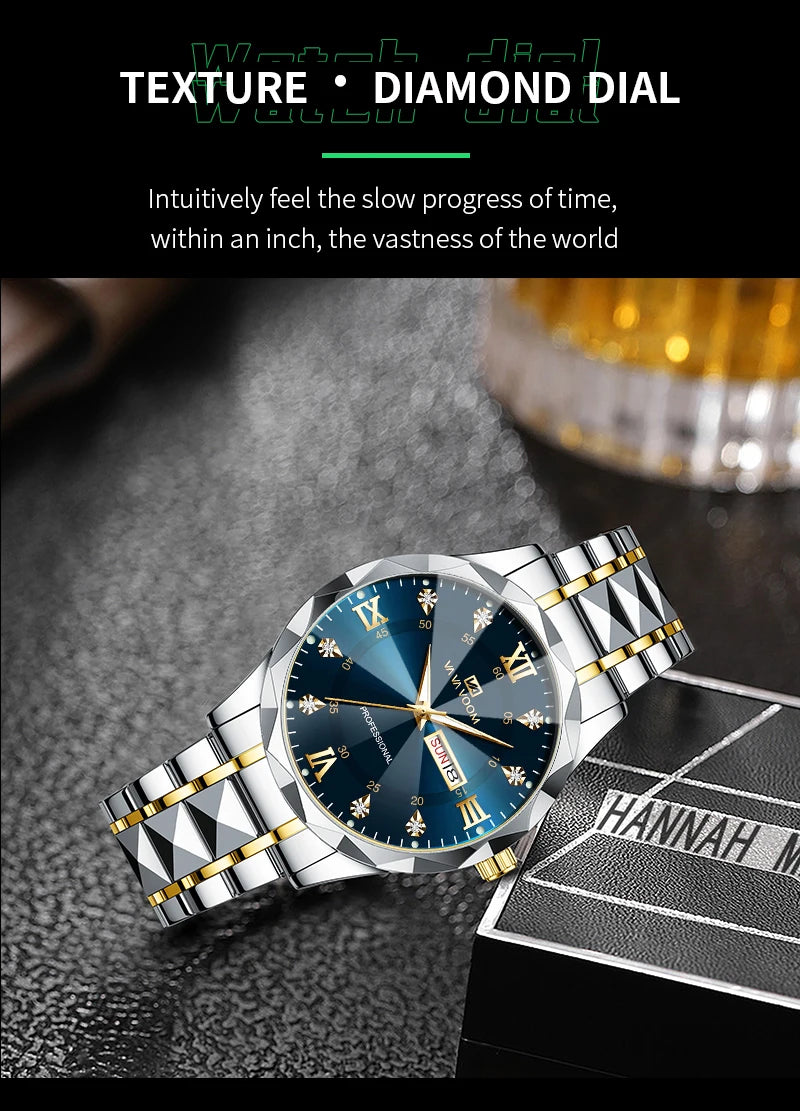 Men Watch Water Diamond Luxury Night Glow Double Calendar Quartz