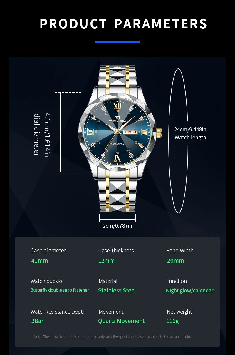 Men Watch Water Diamond Luxury Night Glow Double Calendar Quartz