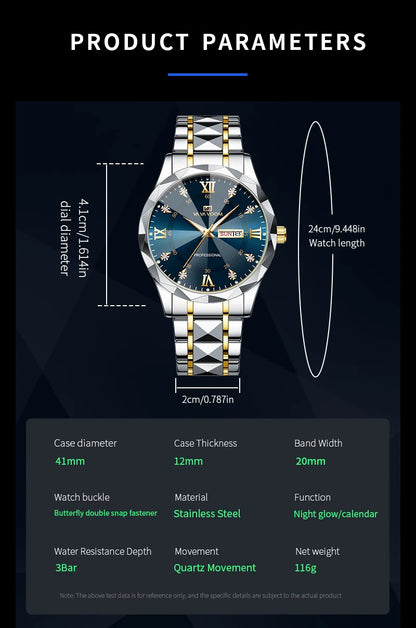 Men Watch Water Diamond Luxury Night Glow Double Calendar Quartz