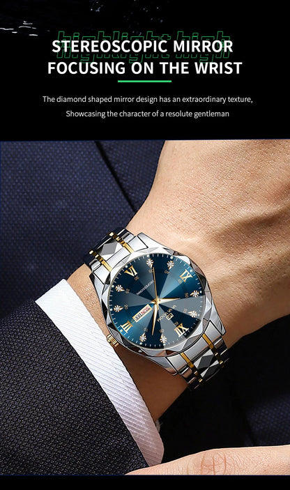 Men Watch Water Diamond Luxury Night Glow Double Calendar Quartz